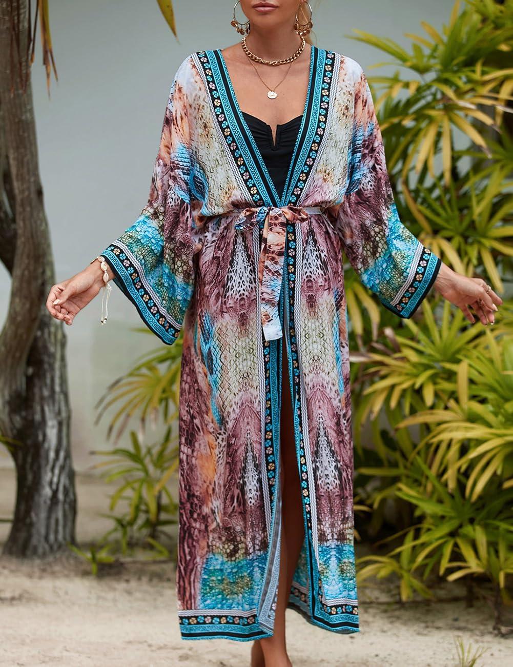 imageBsubseach Kimono Swimsuit Cover Ups for Women Robe Pool Cover Up Long Beach Dress Colorful Cardigan for SwimwearSnake