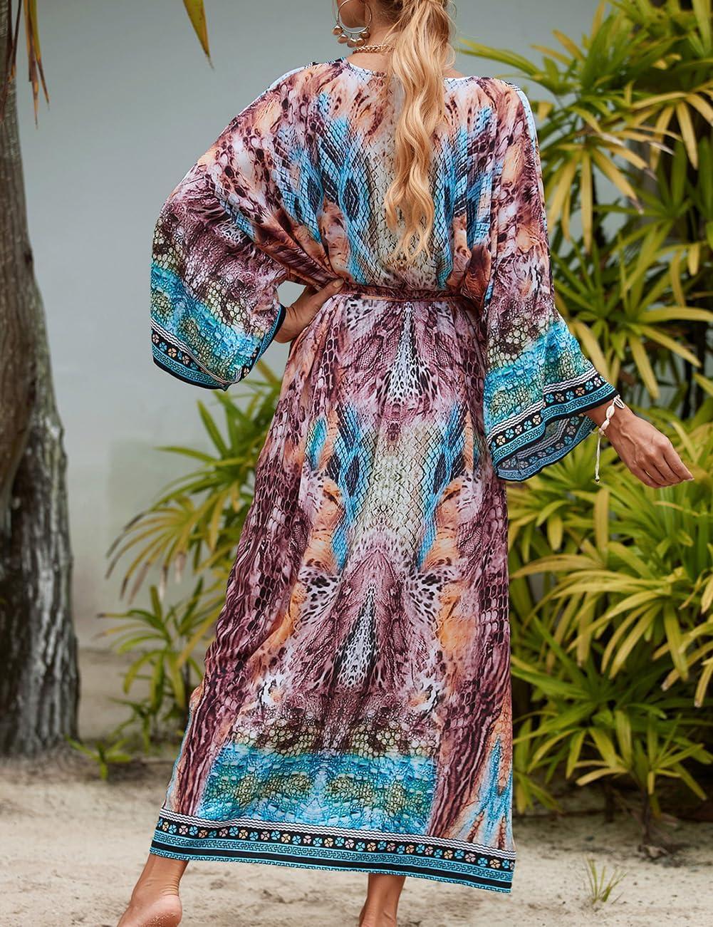 imageBsubseach Kimono Swimsuit Cover Ups for Women Robe Pool Cover Up Long Beach Dress Colorful Cardigan for SwimwearSnake