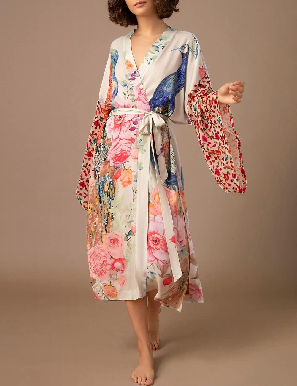 imageBsubseach Kimono swim cover up for women Robe Cardigan Coverups Long Beach Dress Bathing SuitPeacock Print 2