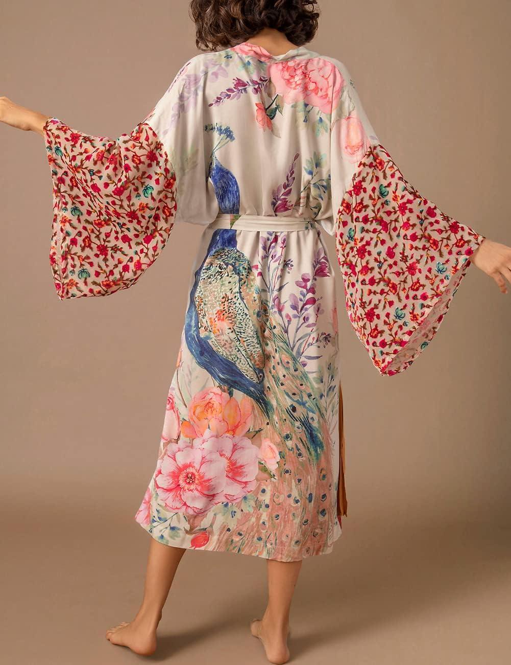 imageBsubseach Kimono swim cover up for women Robe Cardigan Coverups Long Beach Dress Bathing SuitPeacock Print 2