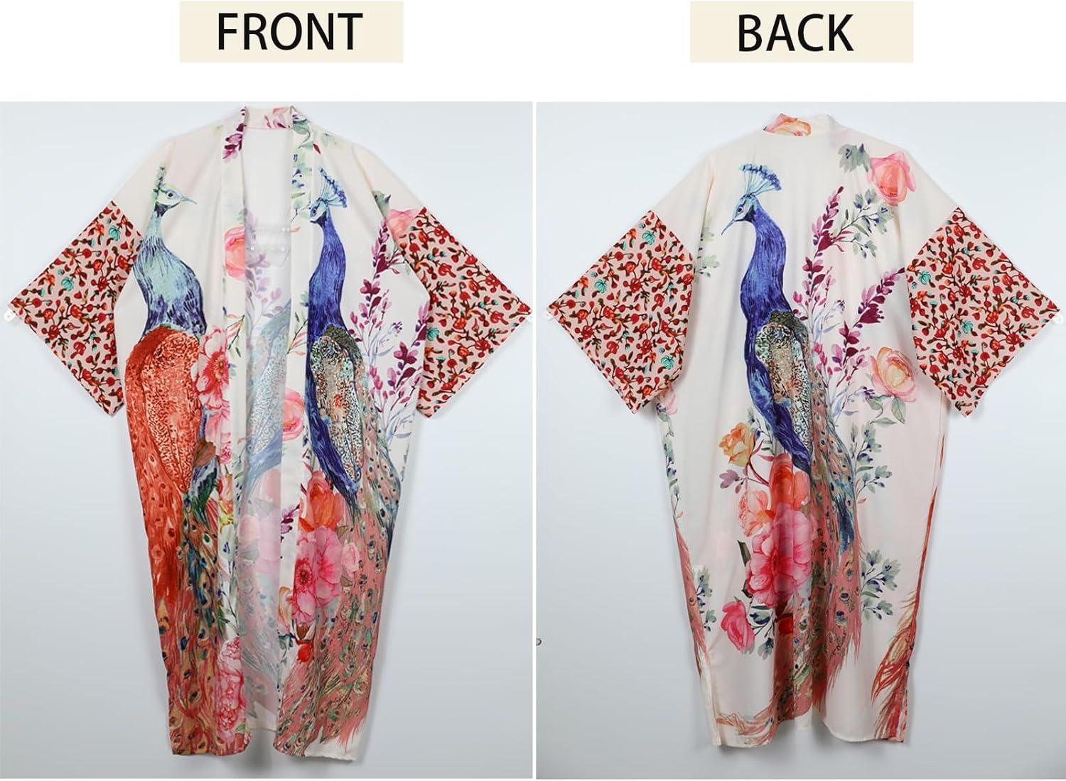 imageBsubseach Kimono swim cover up for women Robe Cardigan Coverups Long Beach Dress Bathing SuitPeacock Print 2