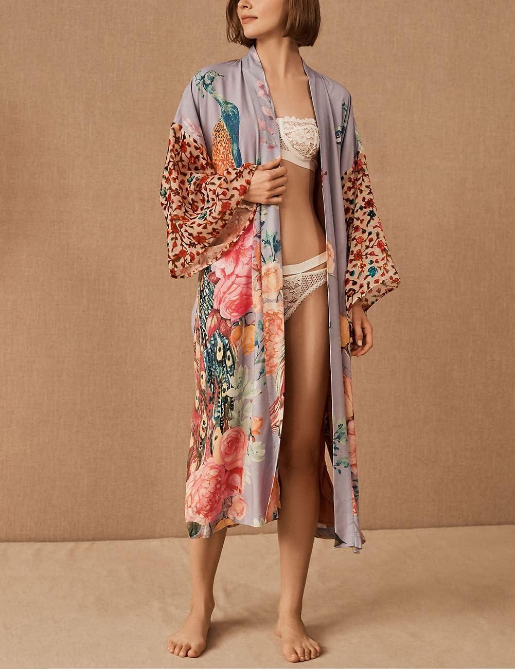 imageBsubseach Kimono swim cover up for women Robe Cardigan Coverups Long Beach Dress Bathing SuitPeacock Print