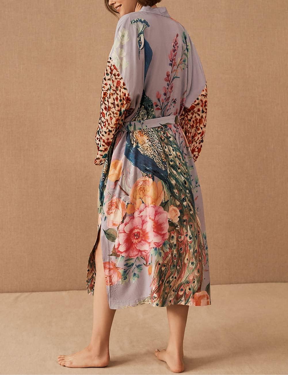 imageBsubseach Kimono swim cover up for women Robe Cardigan Coverups Long Beach Dress Bathing SuitPeacock Print