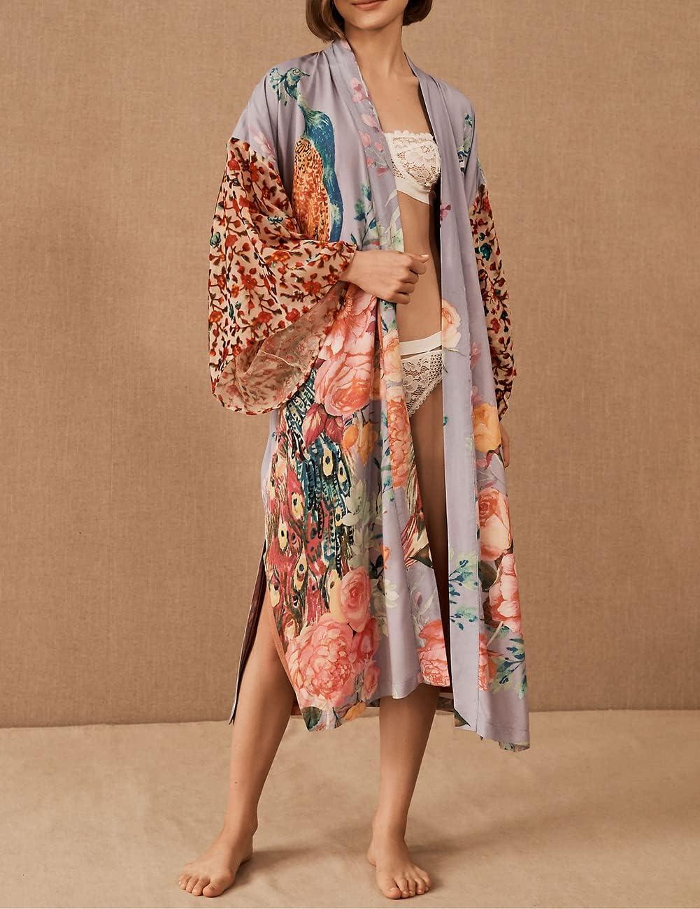 imageBsubseach Kimono swim cover up for women Robe Cardigan Coverups Long Beach Dress Bathing SuitPeacock Print
