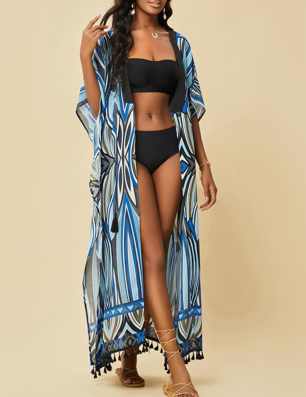 imageBsubseach Kimonos for Women Open Front Kimono Cover ups for Swimwear Women Tassel Bikini Swim Coverup with DrawstringBlue