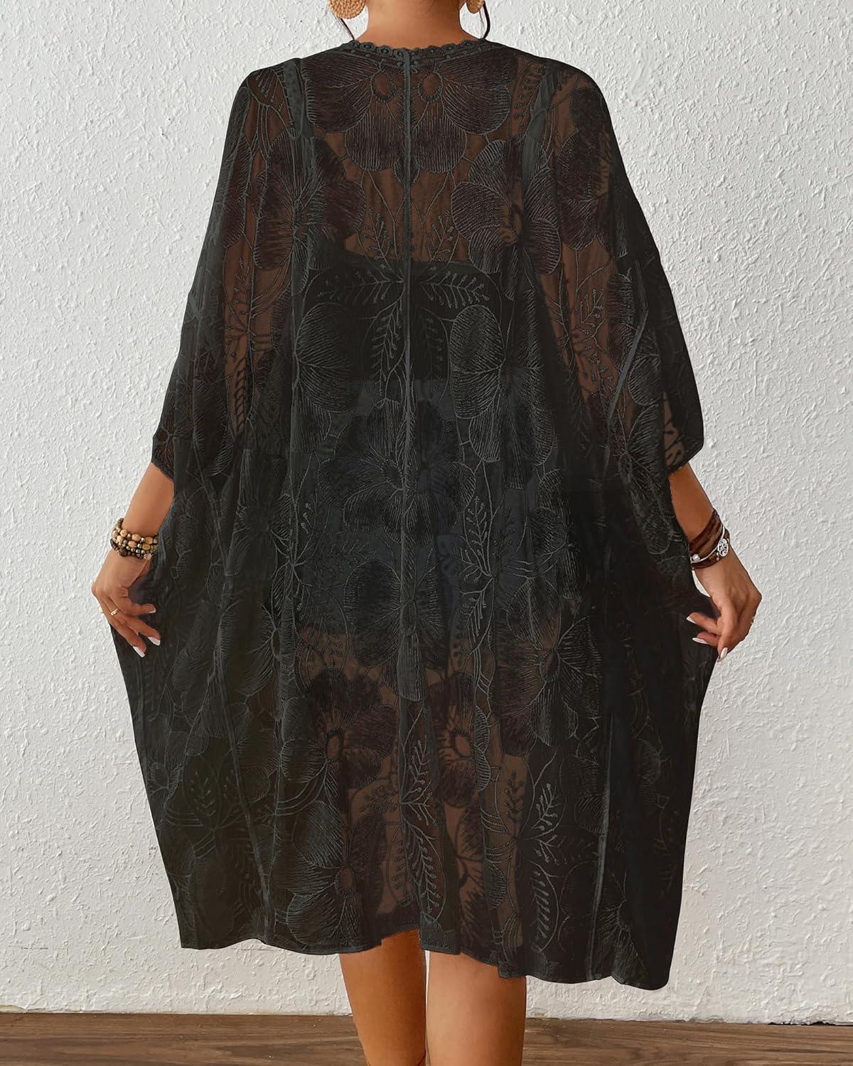 imageBsubseach Lace Kimonos for Women 2025 Swim Cover Up Summer Beach Coverup Open Front Sheer Kimono CardiganBlack 1