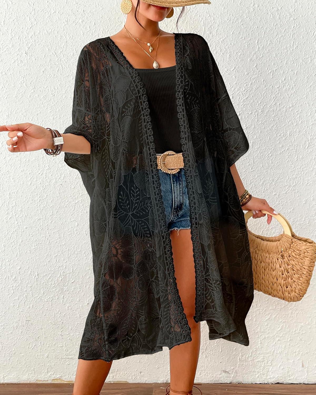 imageBsubseach Lace Kimonos for Women 2025 Swim Cover Up Summer Beach Coverup Open Front Sheer Kimono CardiganBlack 1