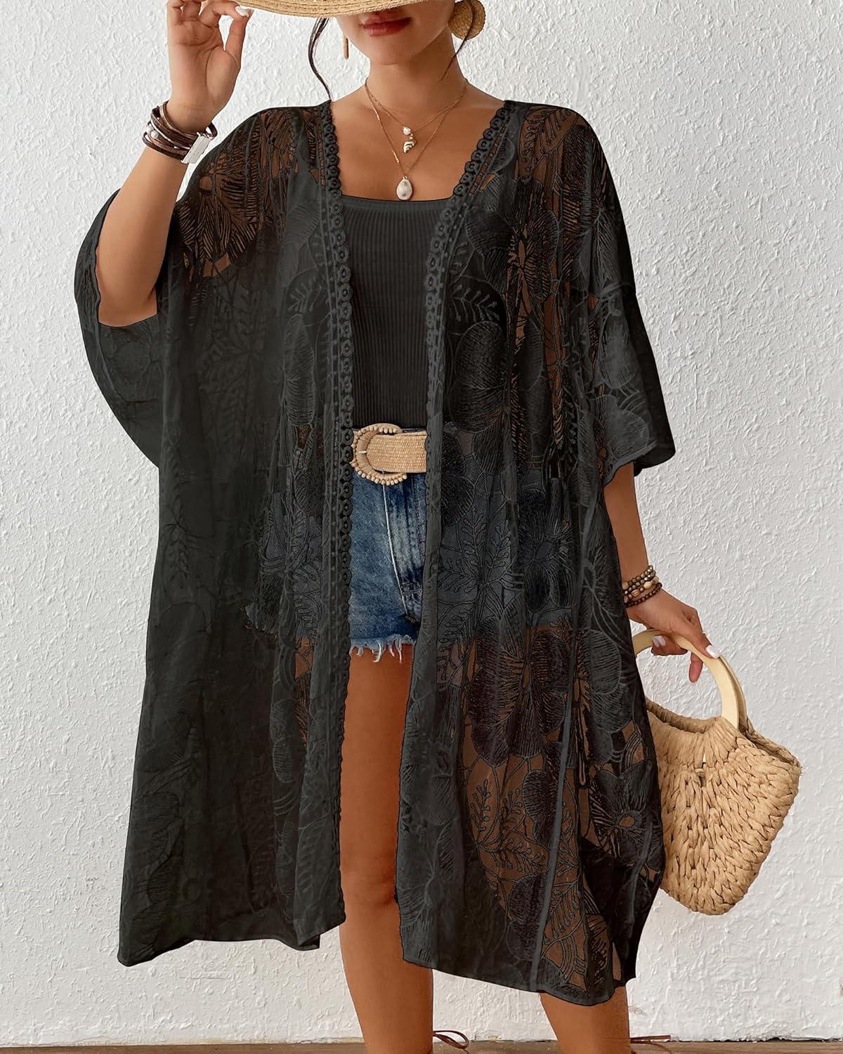 imageBsubseach Lace Kimonos for Women 2025 Swim Cover Up Summer Beach Coverup Open Front Sheer Kimono CardiganBlack 1