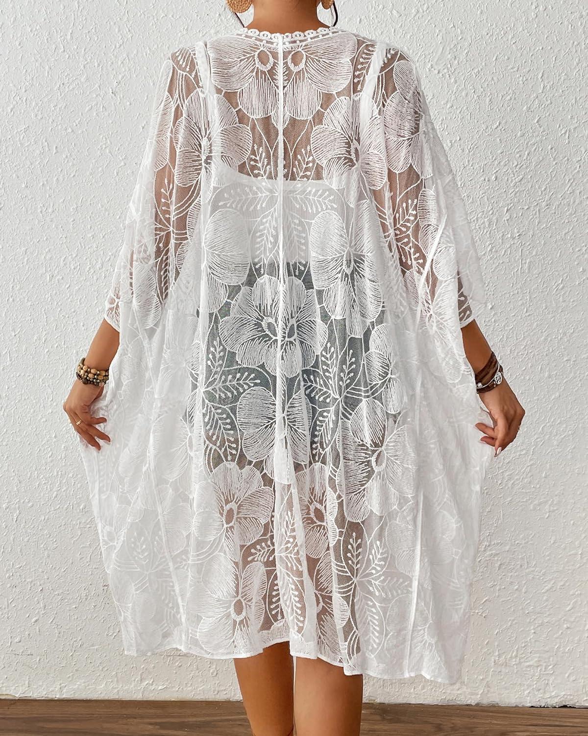 imageBsubseach Lace Kimonos for Women 2025 Swim Cover Up Summer Beach Coverup Open Front Sheer Kimono CardiganWhite 1