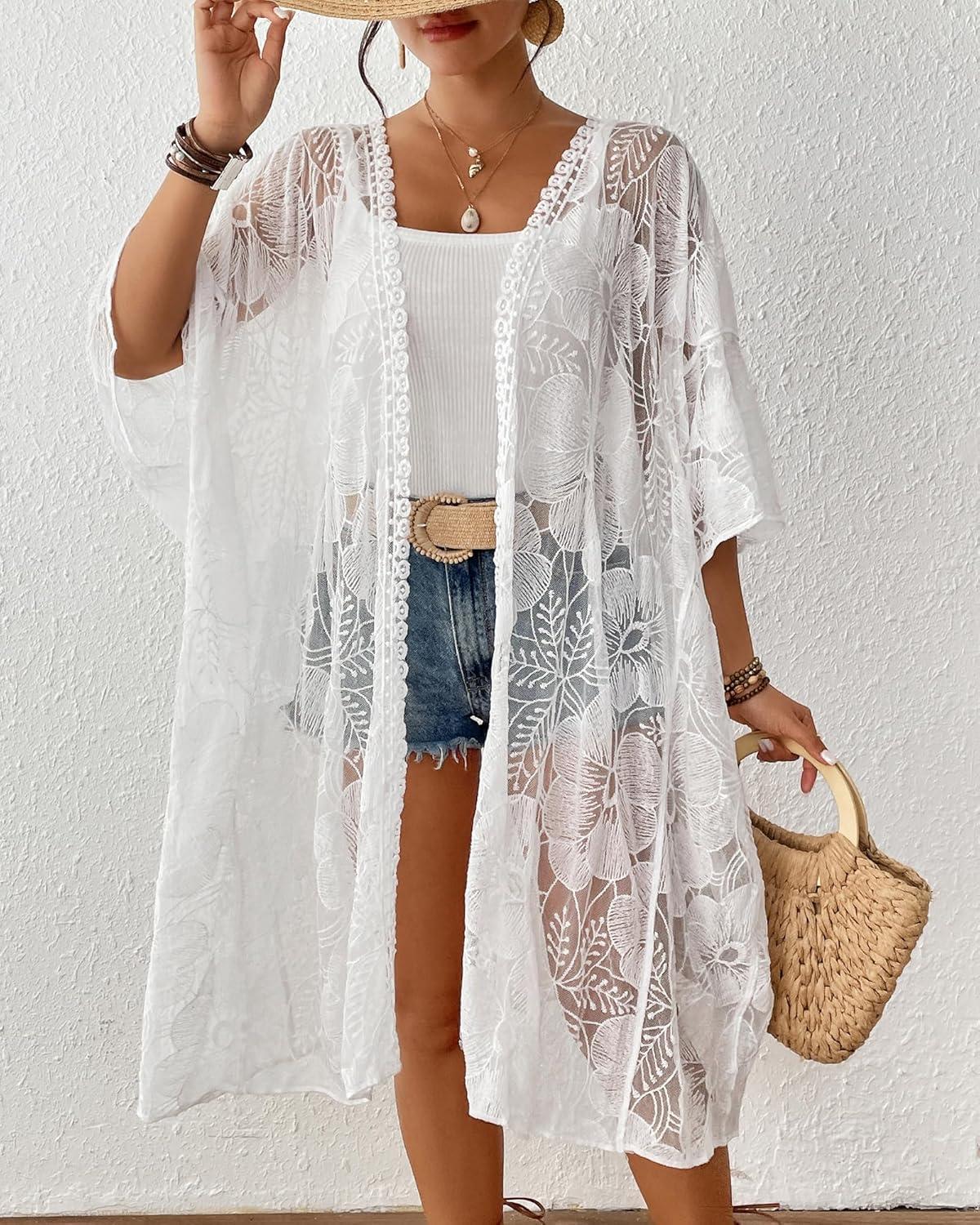 imageBsubseach Lace Kimonos for Women 2025 Swim Cover Up Summer Beach Coverup Open Front Sheer Kimono CardiganWhite 1