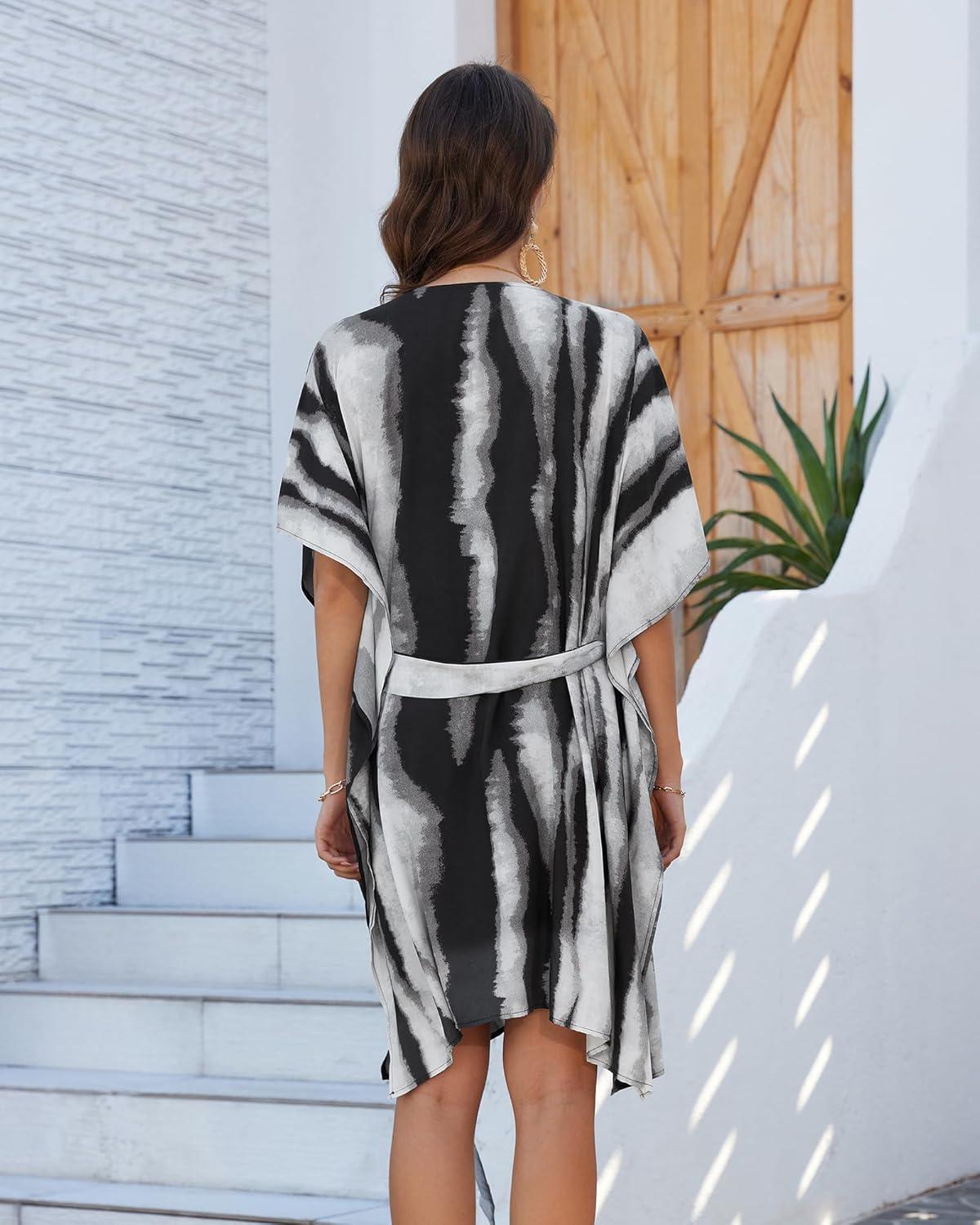imageBsubseach Striped Kimono for Women 2025 Swimsuit Coverup Boho Beach Cover Up Open Front Cardigan Summer Short Robe Black White S