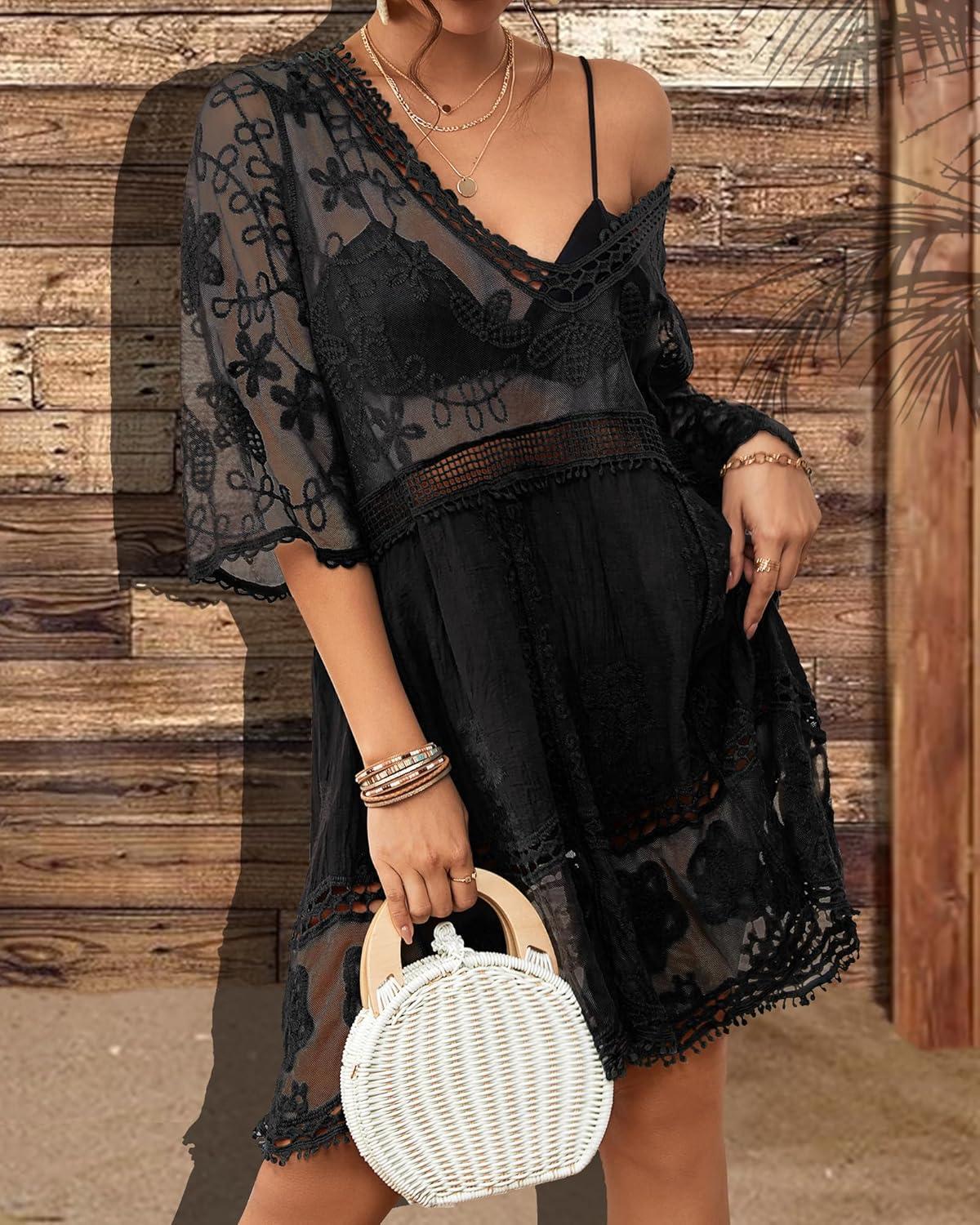 imageBsubseach Women Lace Swimsuit Cover Up Bathing Suit Coverups VNeck Swimwear Beach Vacation DressBlack