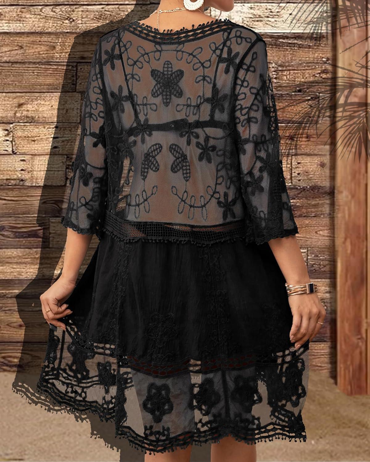 imageBsubseach Women Lace Swimsuit Cover Up Bathing Suit Coverups VNeck Swimwear Beach Vacation DressBlack