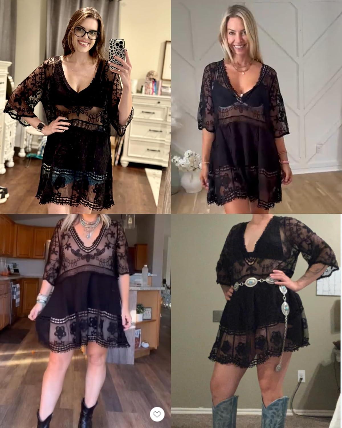 imageBsubseach Women Lace Swimsuit Cover Up Bathing Suit Coverups VNeck Swimwear Beach Vacation DressBlack