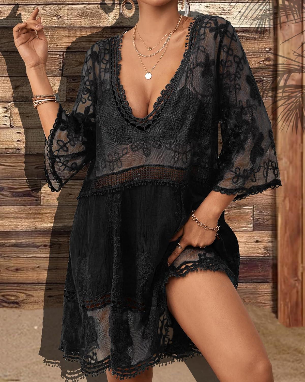 imageBsubseach Women Lace Swimsuit Cover Up Bathing Suit Coverups VNeck Swimwear Beach Vacation DressBlack