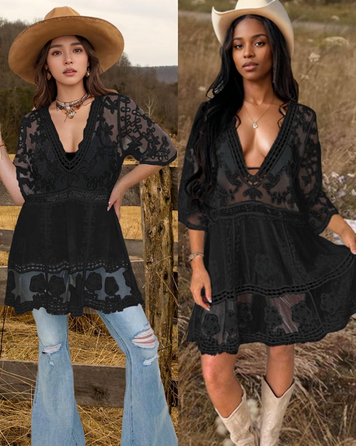 imageBsubseach Women Lace Swimsuit Cover Up Bathing Suit Coverups VNeck Swimwear Beach Vacation DressBlack