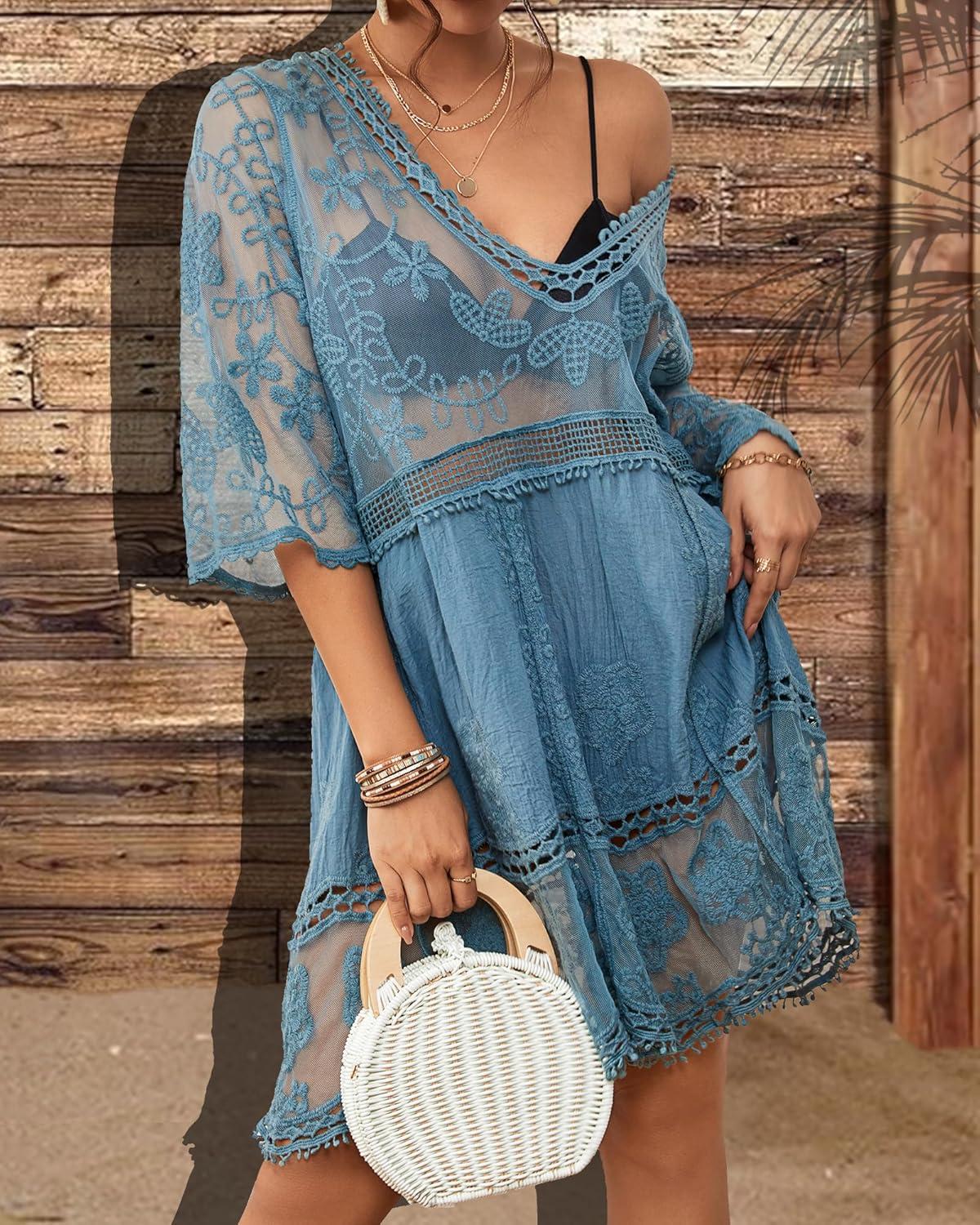 imageBsubseach Women Lace Swimsuit Cover Up Bathing Suit Coverups VNeck Swimwear Beach Vacation DressBlue