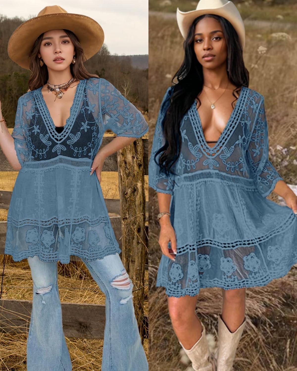 imageBsubseach Women Lace Swimsuit Cover Up Bathing Suit Coverups VNeck Swimwear Beach Vacation DressBlue