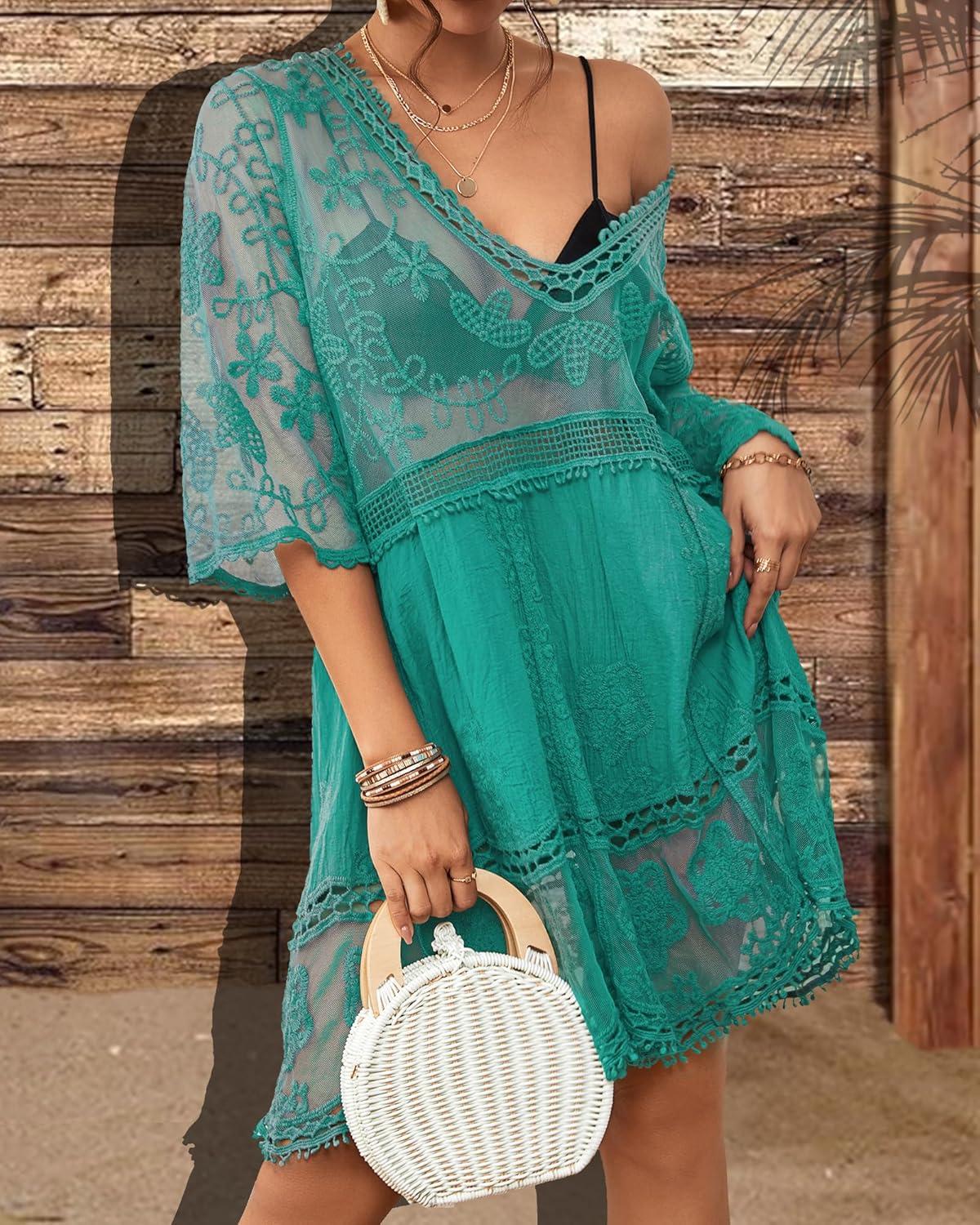 imageBsubseach Women Lace Swimsuit Cover Up Bathing Suit Coverups VNeck Swimwear Beach Vacation DressBrilliant Green