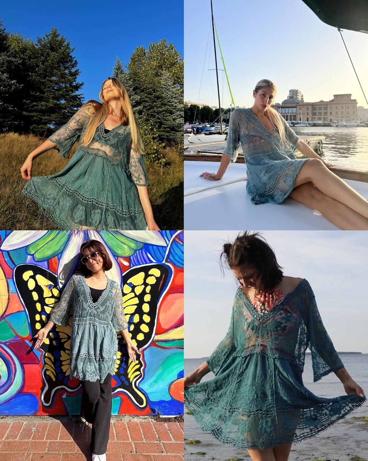 imageBsubseach Women Lace Swimsuit Cover Up Bathing Suit Coverups VNeck Swimwear Beach Vacation DressGreen