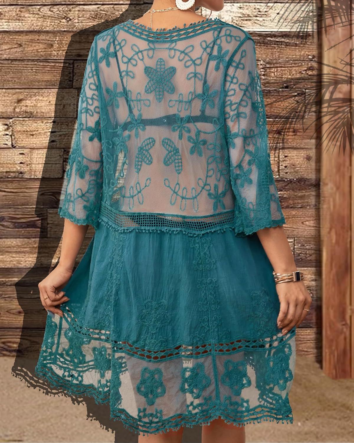 imageBsubseach Women Lace Swimsuit Cover Up Bathing Suit Coverups VNeck Swimwear Beach Vacation DressPeacock Blue