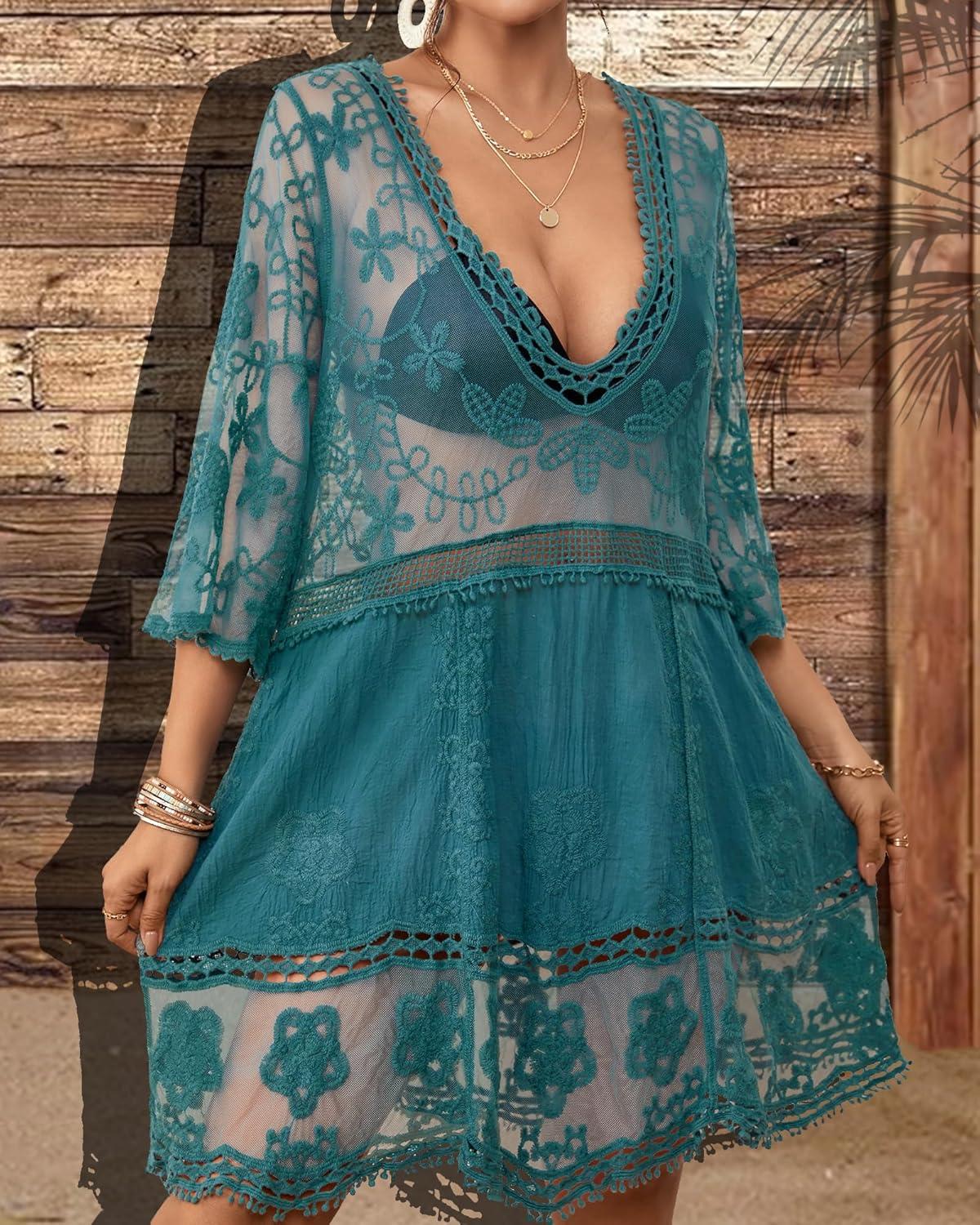 imageBsubseach Women Lace Swimsuit Cover Up Bathing Suit Coverups VNeck Swimwear Beach Vacation DressPeacock Blue