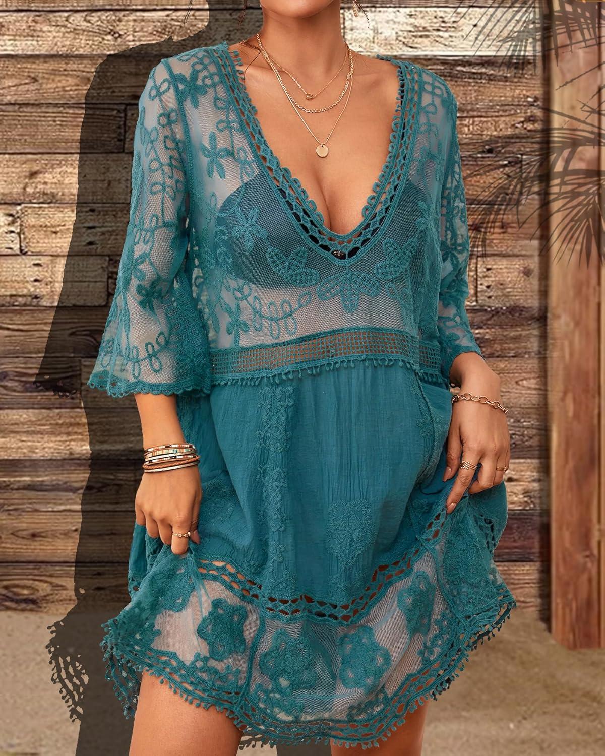 imageBsubseach Women Lace Swimsuit Cover Up Bathing Suit Coverups VNeck Swimwear Beach Vacation DressPeacock Blue