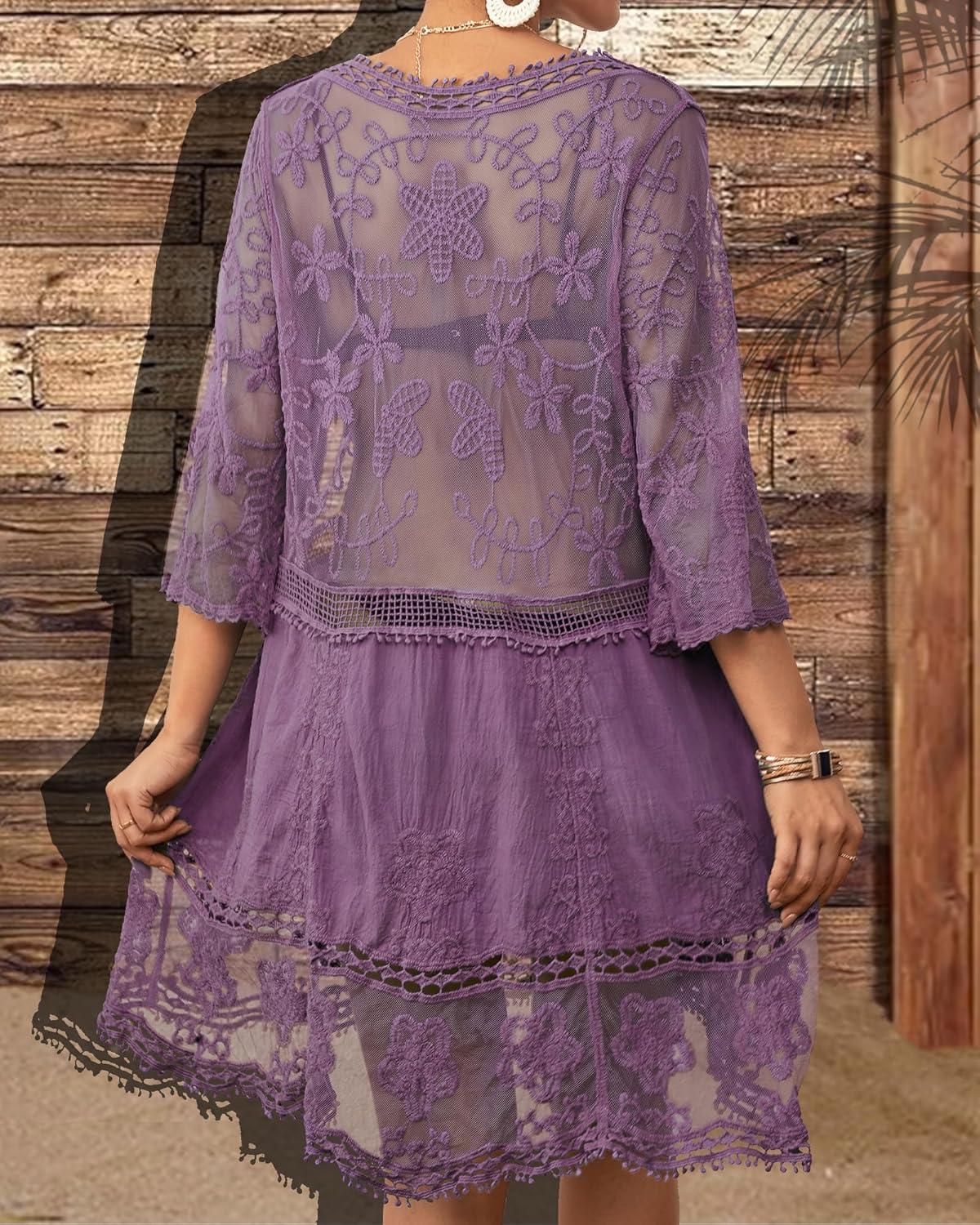 imageBsubseach Women Lace Swimsuit Cover Up Bathing Suit Coverups VNeck Swimwear Beach Vacation DressPurple