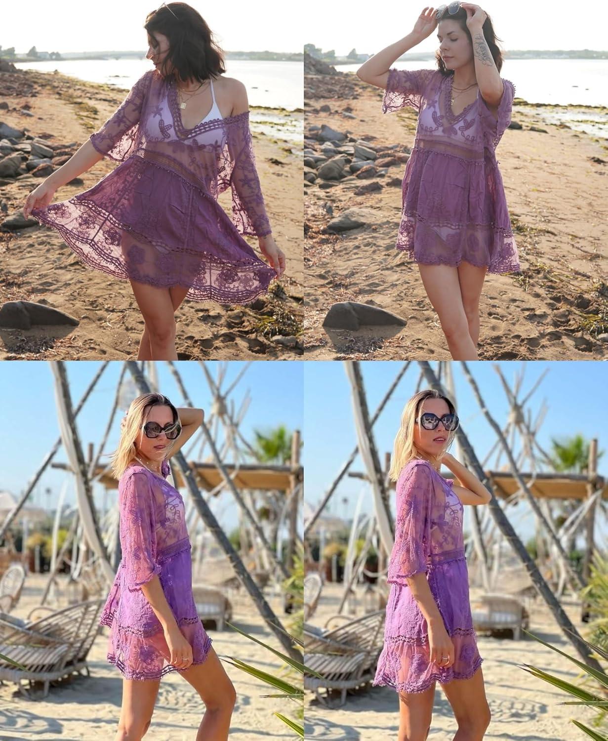 imageBsubseach Women Lace Swimsuit Cover Up Bathing Suit Coverups VNeck Swimwear Beach Vacation DressPurple