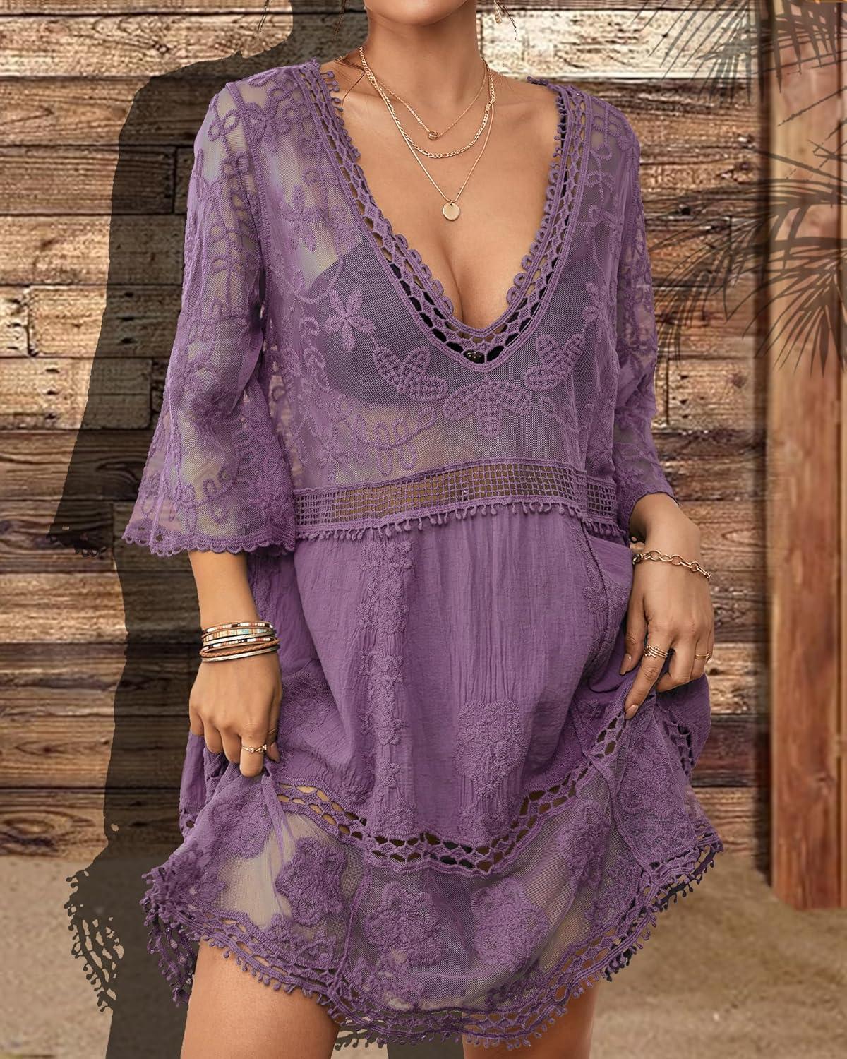 imageBsubseach Women Lace Swimsuit Cover Up Bathing Suit Coverups VNeck Swimwear Beach Vacation DressPurple