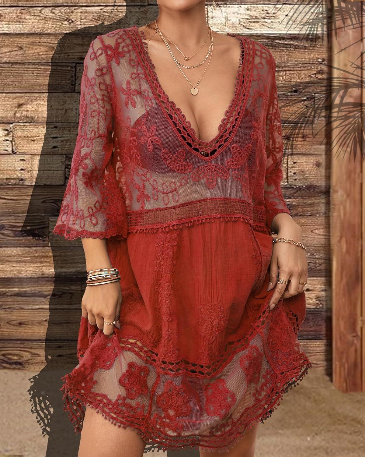 imageBsubseach Women Lace Swimsuit Cover Up Bathing Suit Coverups VNeck Swimwear Beach Vacation DressRed