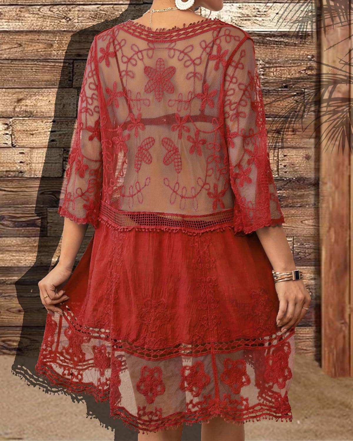 imageBsubseach Women Lace Swimsuit Cover Up Bathing Suit Coverups VNeck Swimwear Beach Vacation DressRed