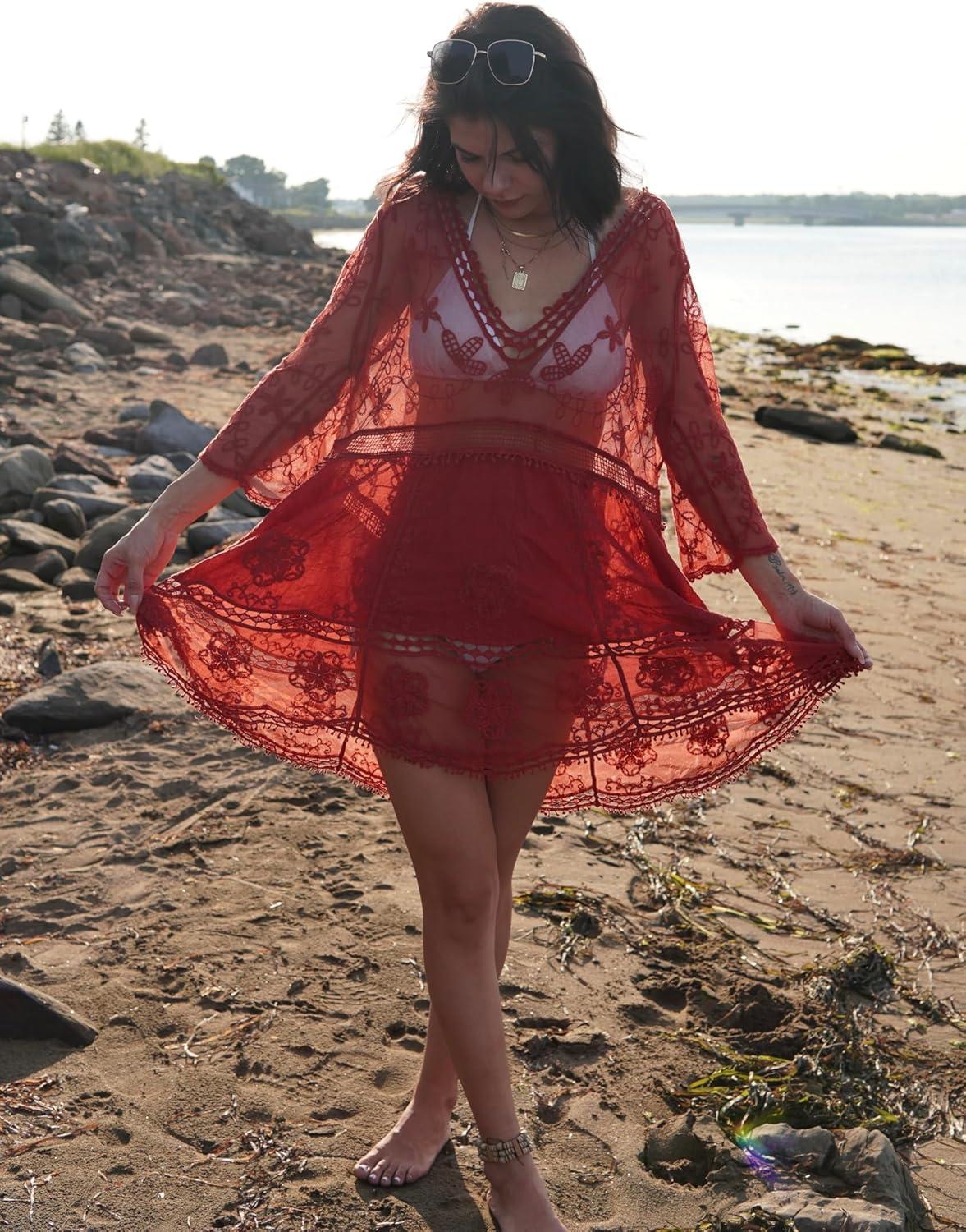 imageBsubseach Women Lace Swimsuit Cover Up Bathing Suit Coverups VNeck Swimwear Beach Vacation DressRed
