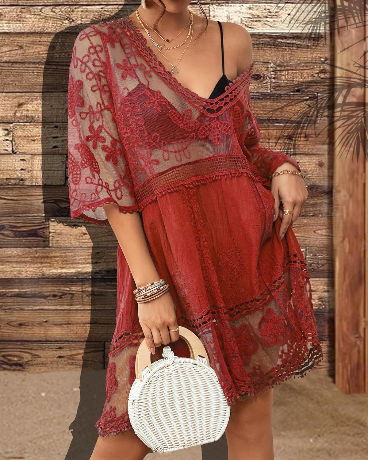 imageBsubseach Women Lace Swimsuit Cover Up Bathing Suit Coverups VNeck Swimwear Beach Vacation DressRed