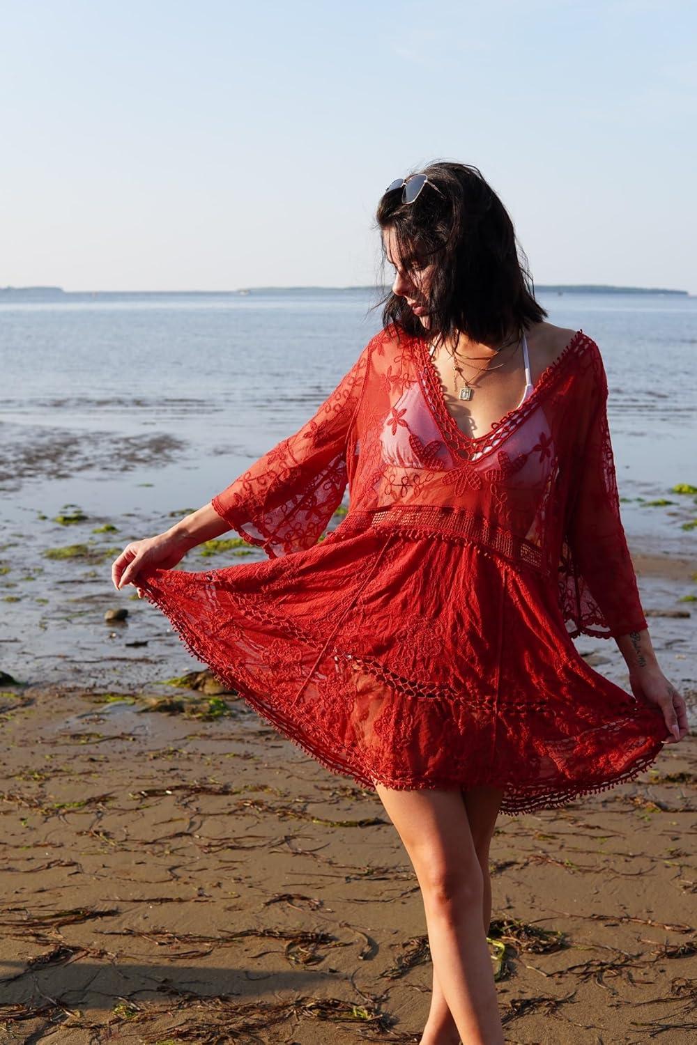 imageBsubseach Women Lace Swimsuit Cover Up Bathing Suit Coverups VNeck Swimwear Beach Vacation DressRed