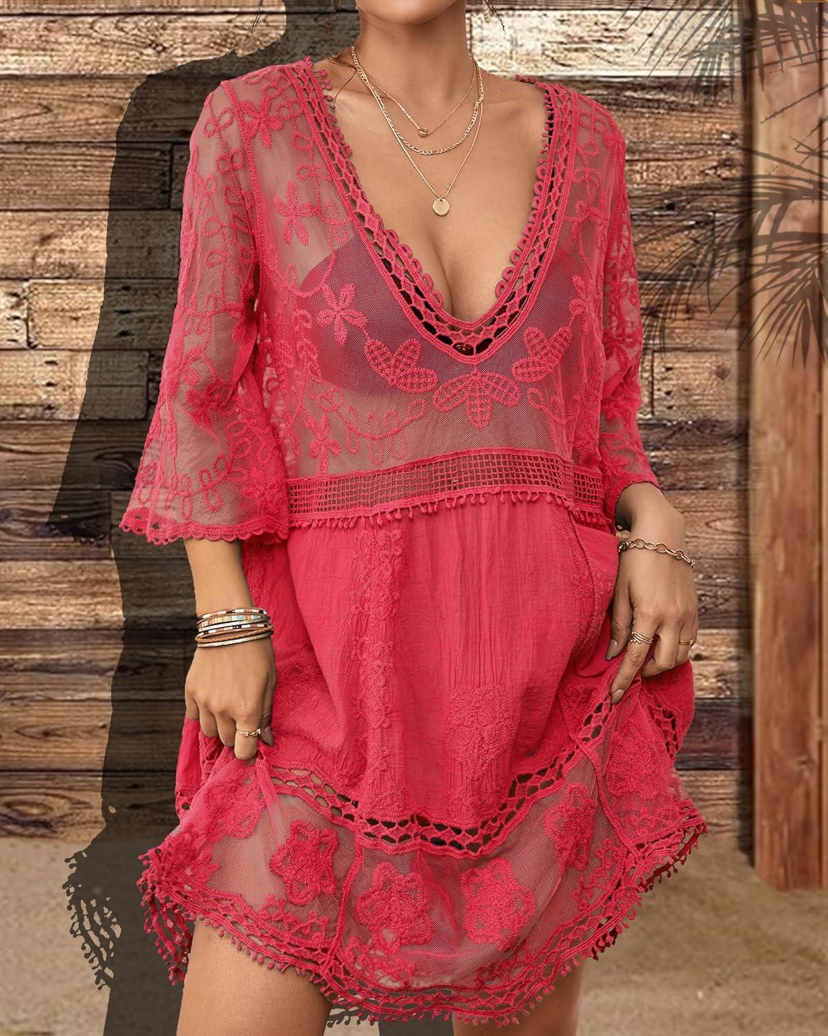 imageBsubseach Women Lace Swimsuit Cover Up Bathing Suit Coverups VNeck Swimwear Beach Vacation DressRose