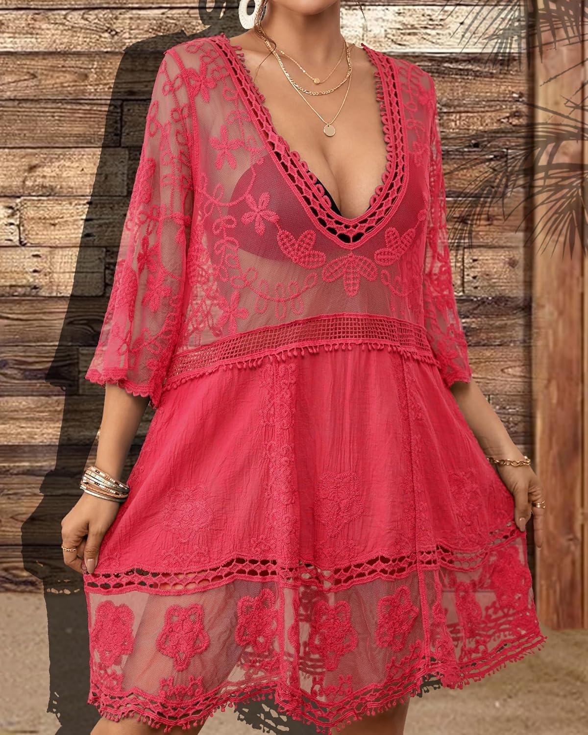 imageBsubseach Women Lace Swimsuit Cover Up Bathing Suit Coverups VNeck Swimwear Beach Vacation DressRose