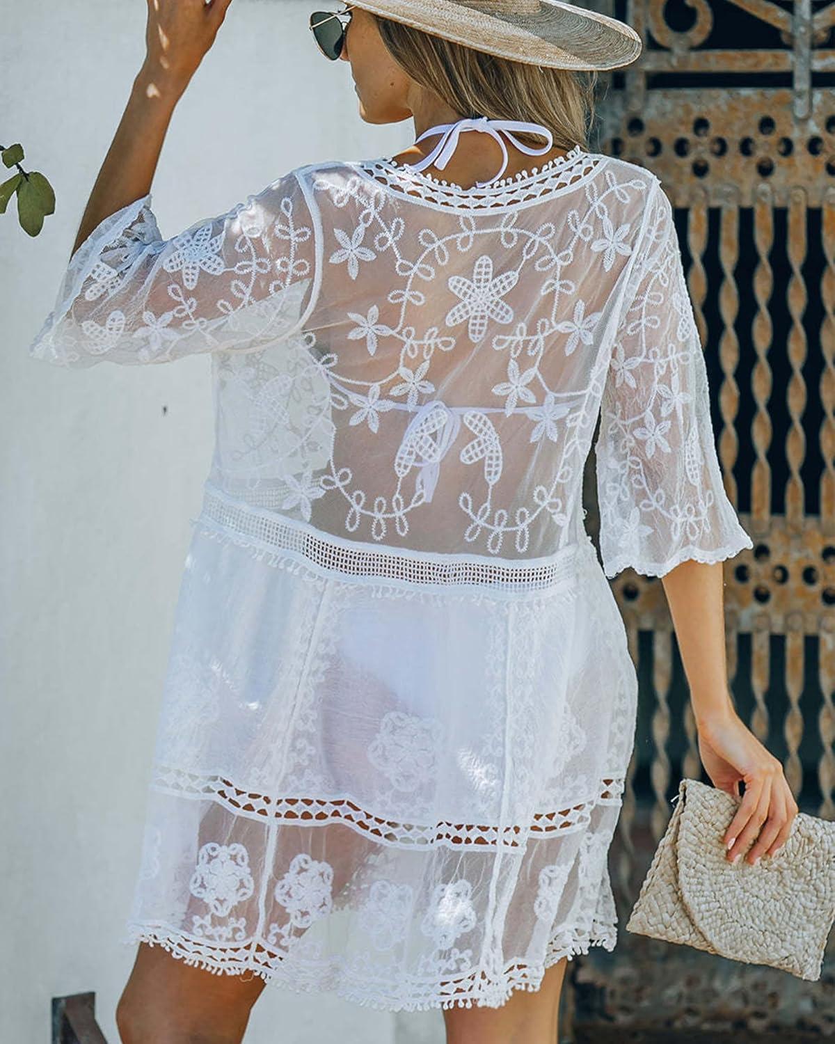 imageBsubseach Women Lace Swimsuit Cover Up Bathing Suit Coverups VNeck Swimwear Beach Vacation DressWhite