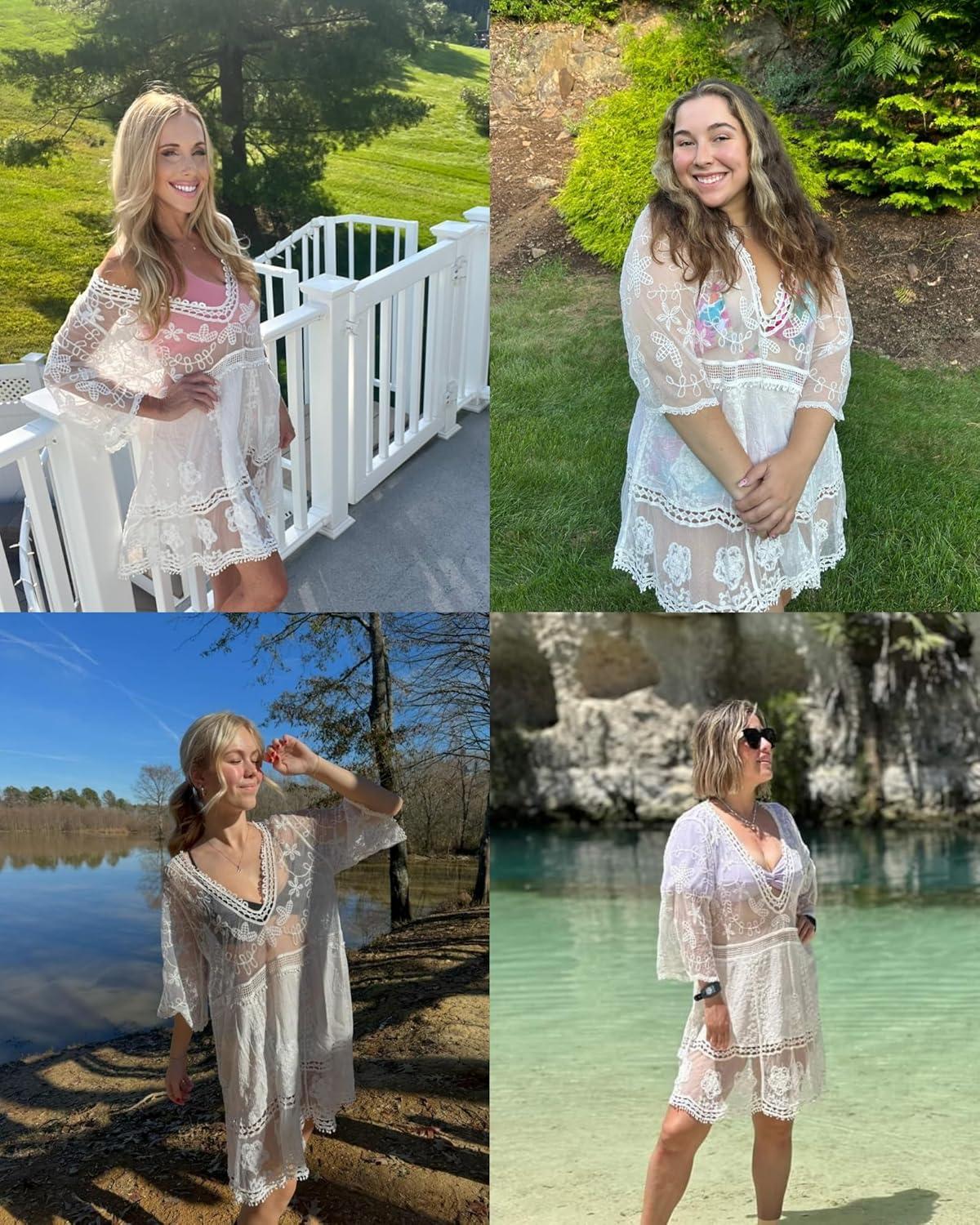 imageBsubseach Women Lace Swimsuit Cover Up Bathing Suit Coverups VNeck Swimwear Beach Vacation DressWhite