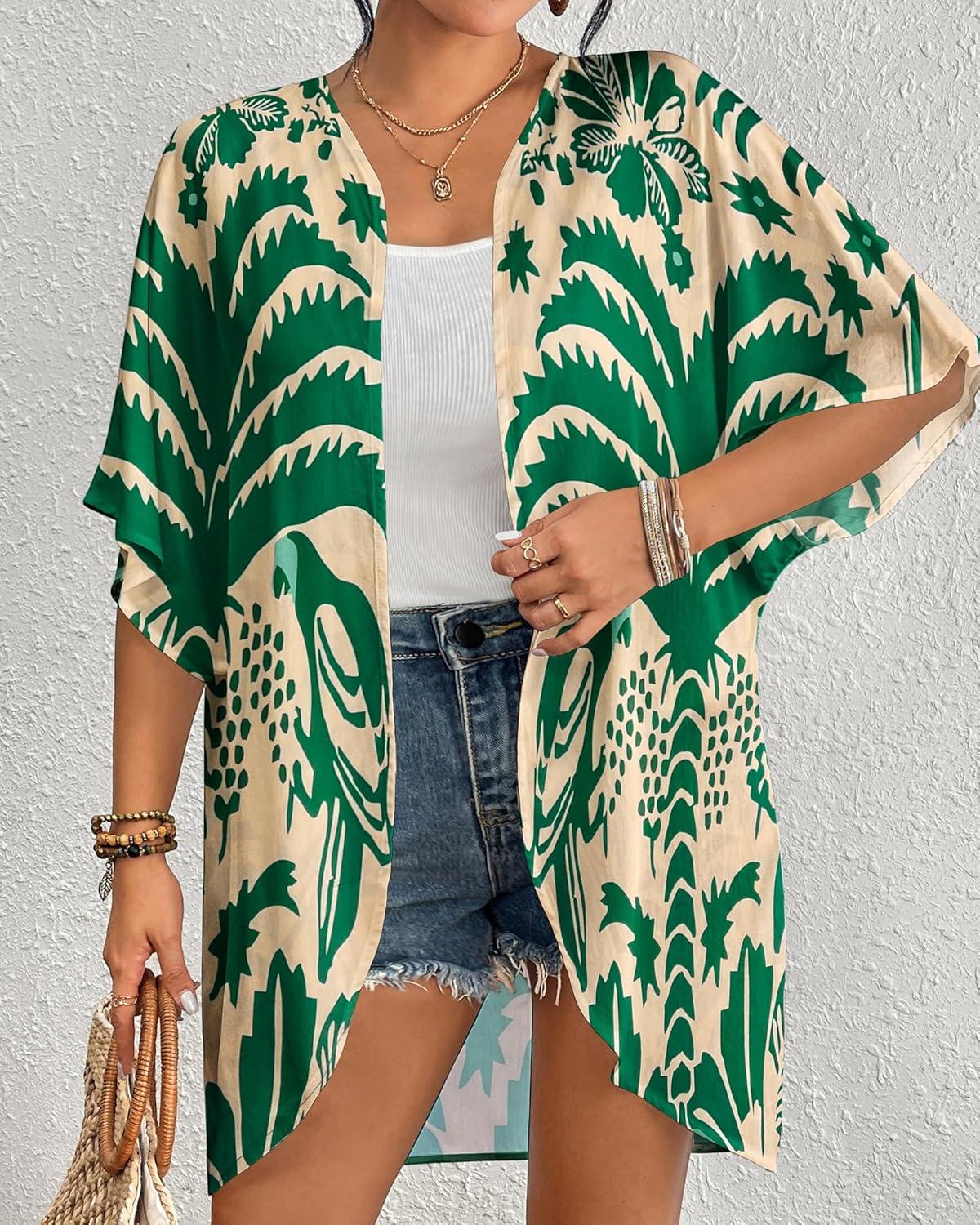 imageBsubseach Womens Kimono Swimsuit Coverup Boho Floral Print Cardigan Half Sleeve Beach Bathing Suit Cover Up Loose TopsBeige  Green