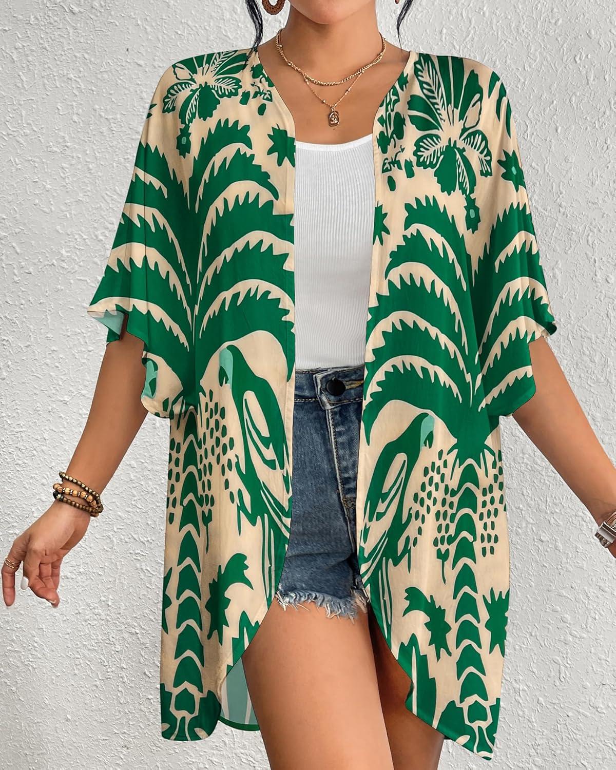 imageBsubseach Womens Kimono Swimsuit Coverup Boho Floral Print Cardigan Half Sleeve Beach Bathing Suit Cover Up Loose TopsBeige  Green