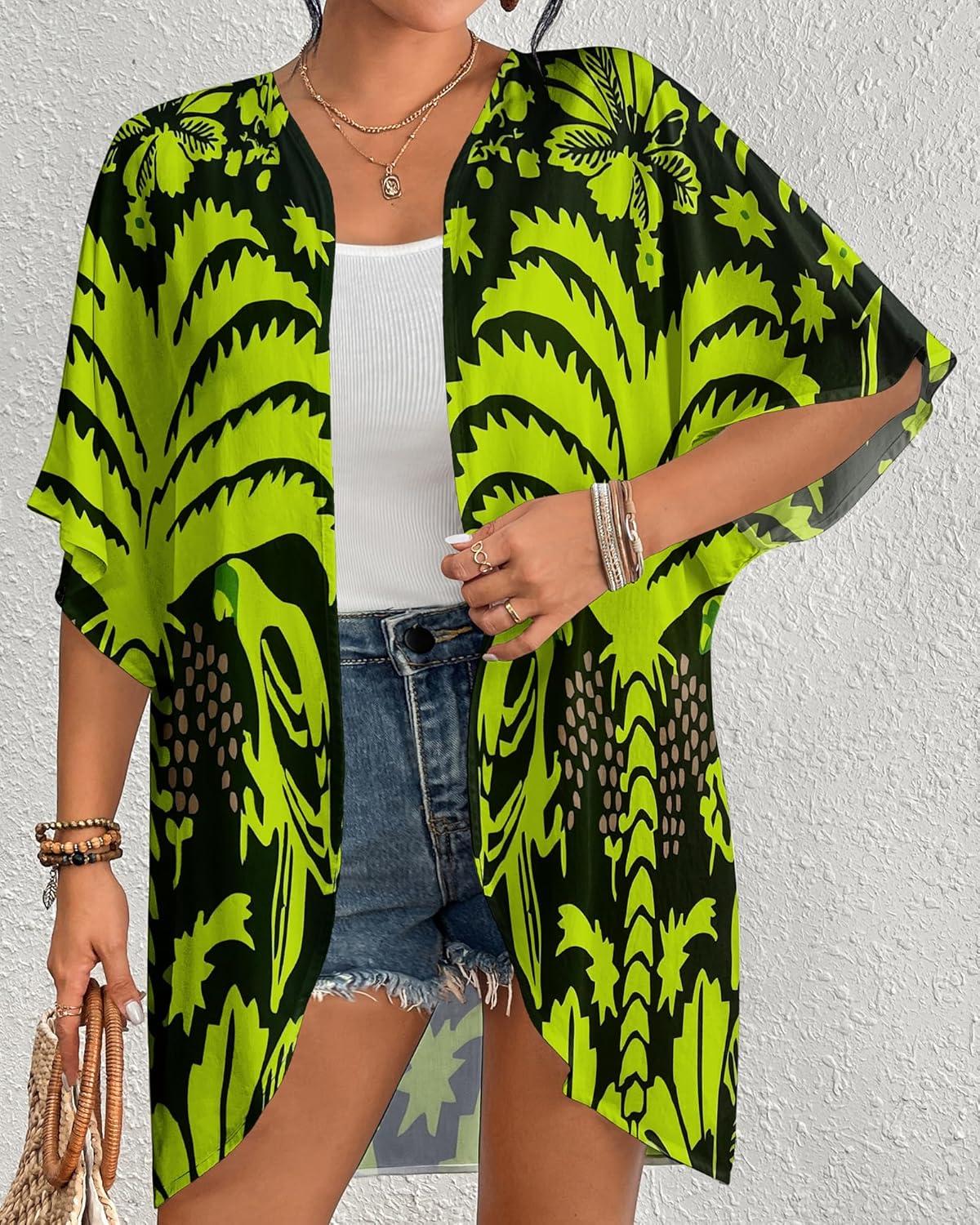 imageBsubseach Womens Kimono Swimsuit Coverup Boho Floral Print Cardigan Half Sleeve Beach Bathing Suit Cover Up Loose TopsBlack  Fluorescent Green