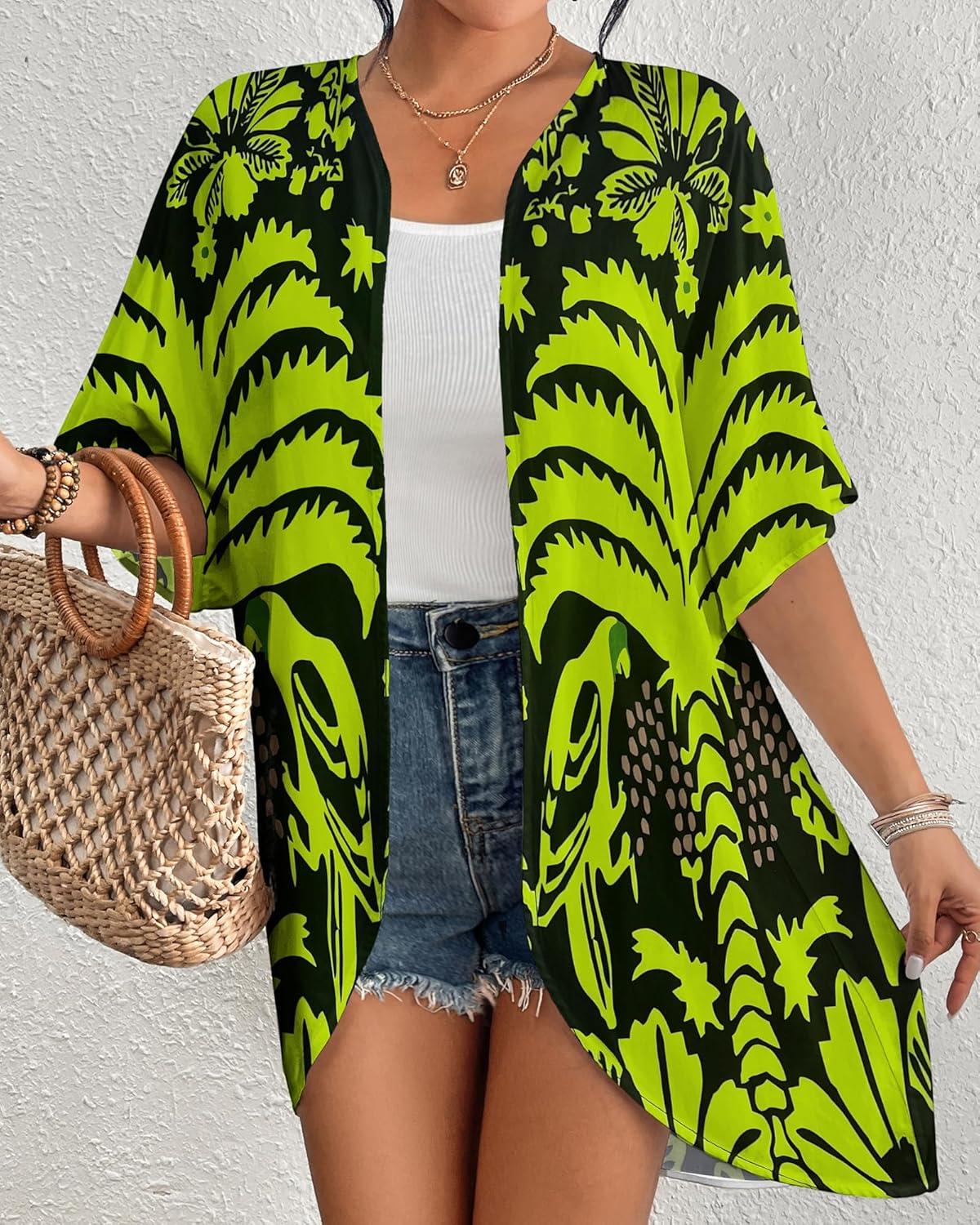 imageBsubseach Womens Kimono Swimsuit Coverup Boho Floral Print Cardigan Half Sleeve Beach Bathing Suit Cover Up Loose TopsBlack  Fluorescent Green