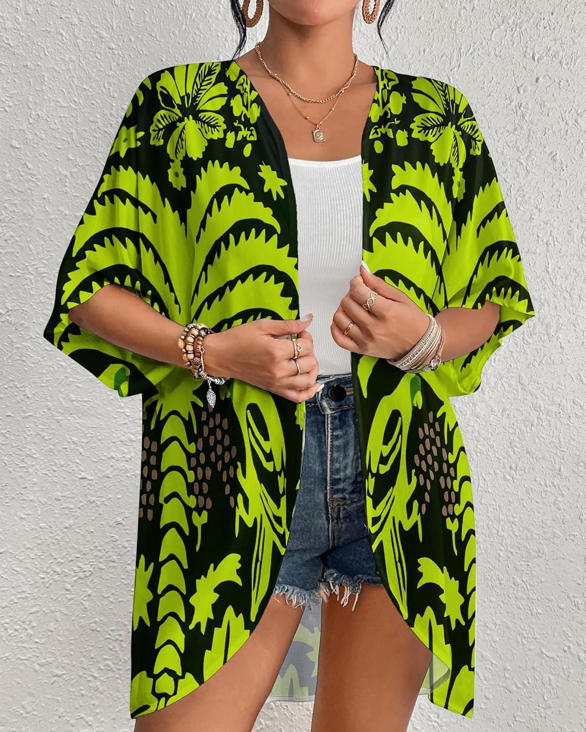 imageBsubseach Womens Kimono Swimsuit Coverup Boho Floral Print Cardigan Half Sleeve Beach Bathing Suit Cover Up Loose TopsBlack  Fluorescent Green