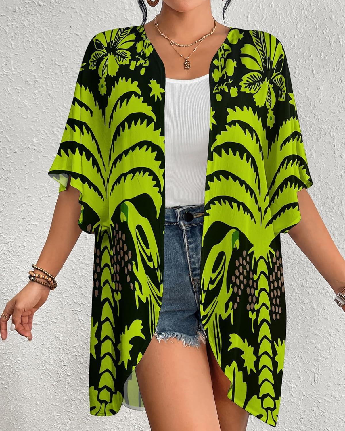 imageBsubseach Womens Kimono Swimsuit Coverup Boho Floral Print Cardigan Half Sleeve Beach Bathing Suit Cover Up Loose TopsBlack  Fluorescent Green