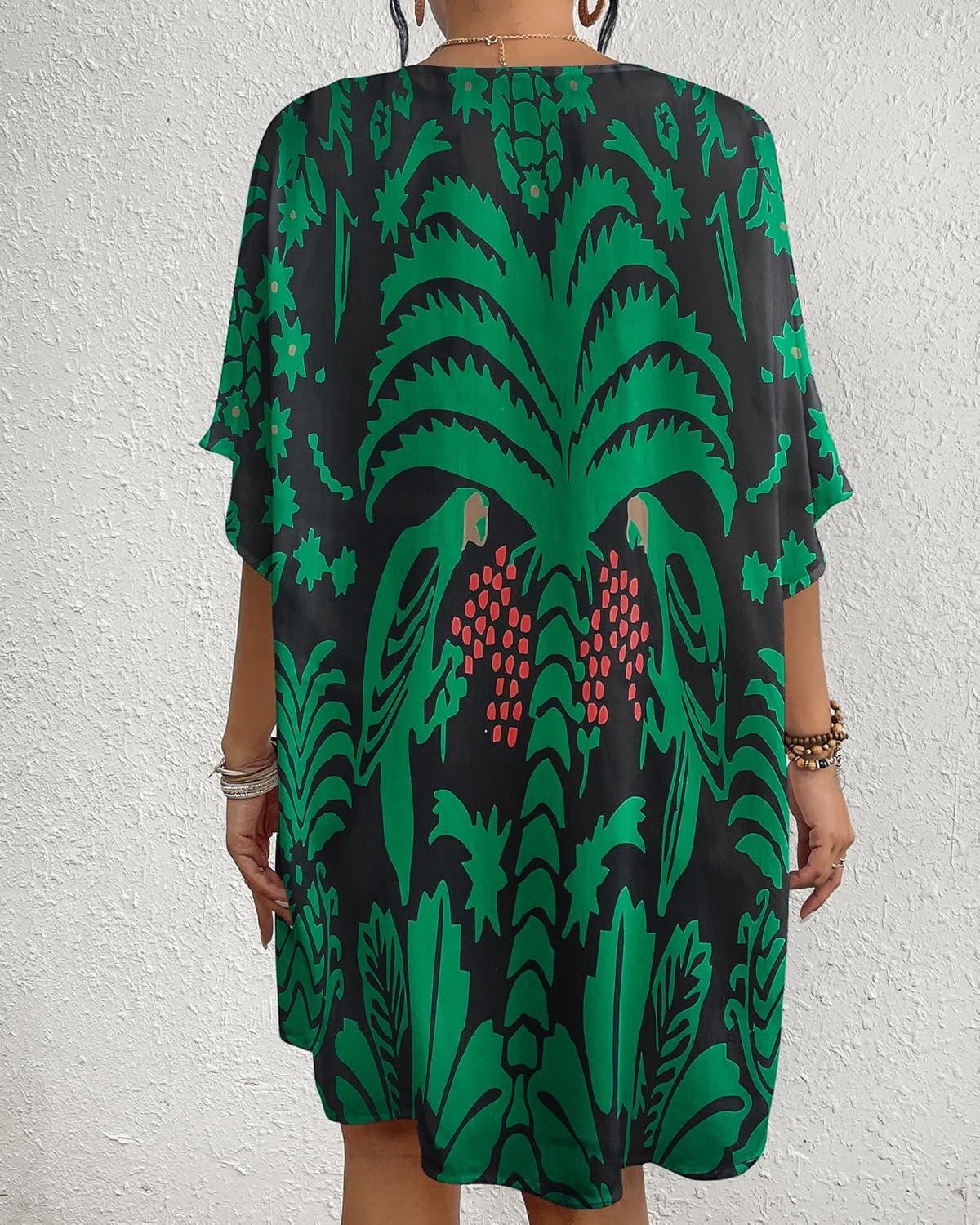 imageBsubseach Womens Kimono Swimsuit Coverup Boho Floral Print Cardigan Half Sleeve Beach Bathing Suit Cover Up Loose TopsBlack  Green