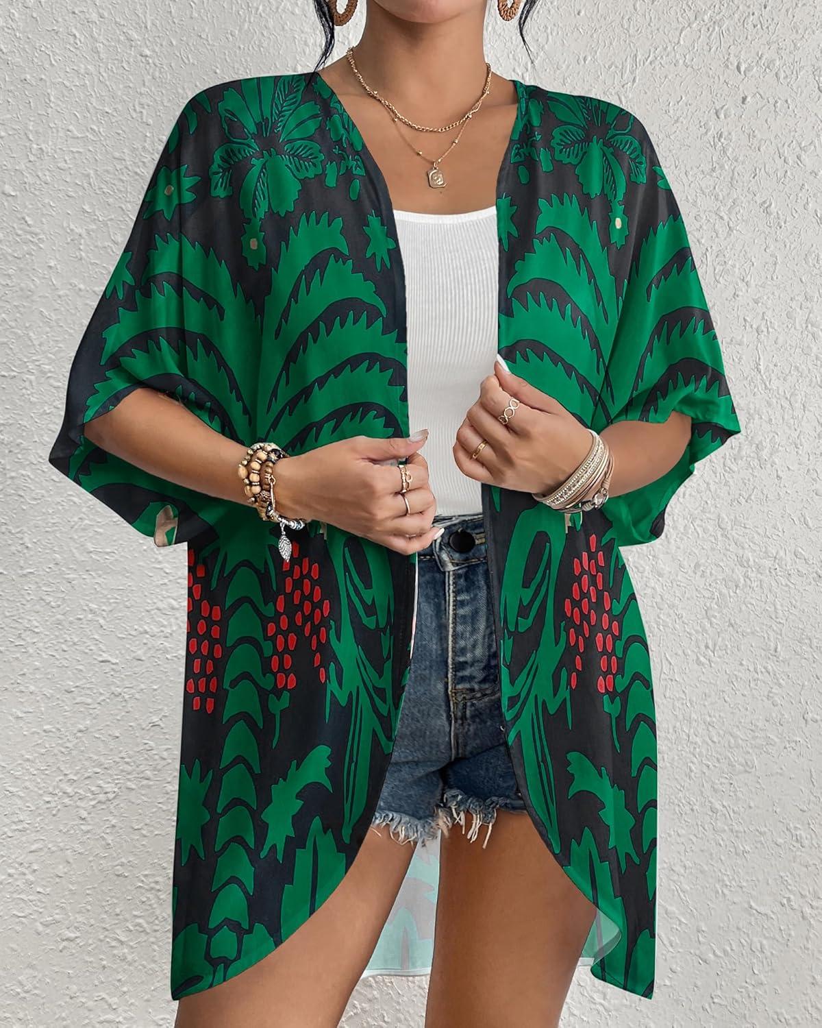 imageBsubseach Womens Kimono Swimsuit Coverup Boho Floral Print Cardigan Half Sleeve Beach Bathing Suit Cover Up Loose TopsBlack  Green