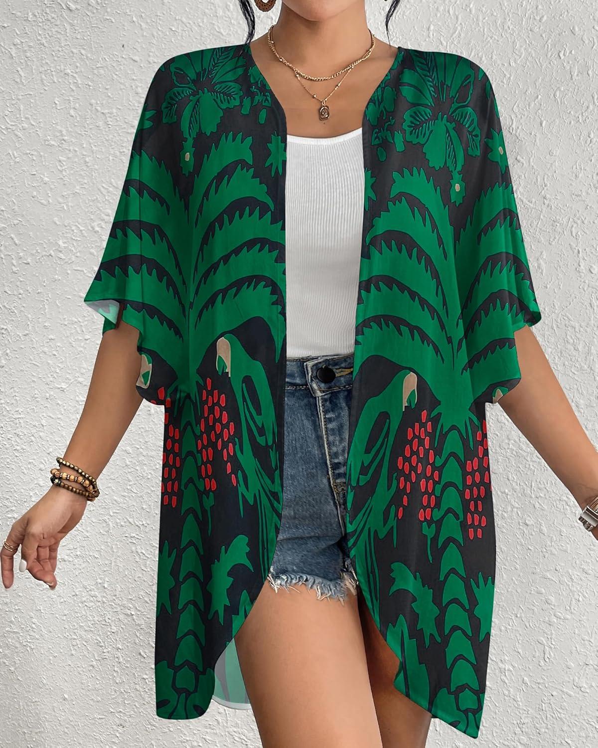 imageBsubseach Womens Kimono Swimsuit Coverup Boho Floral Print Cardigan Half Sleeve Beach Bathing Suit Cover Up Loose TopsBlack  Green