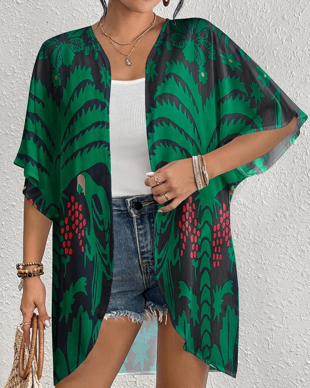 imageBsubseach Womens Kimono Swimsuit Coverup Boho Floral Print Cardigan Half Sleeve Beach Bathing Suit Cover Up Loose TopsBlack  Green