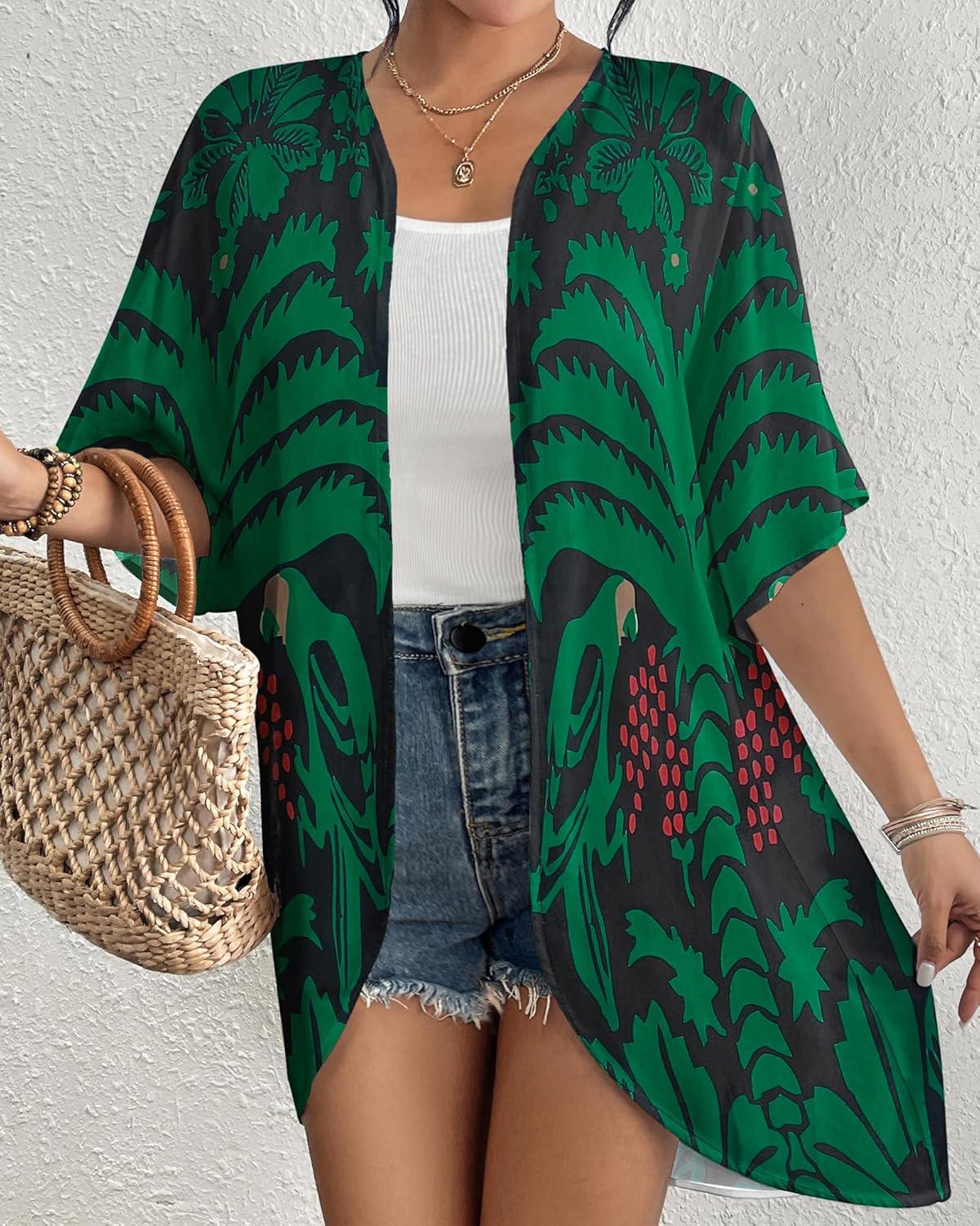 imageBsubseach Womens Kimono Swimsuit Coverup Boho Floral Print Cardigan Half Sleeve Beach Bathing Suit Cover Up Loose TopsBlack  Green